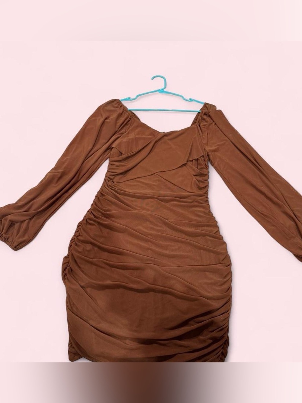 Brown Ruched Long-Sleeve Dress